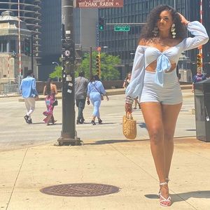 Ruched Front Tie Romper in Blue